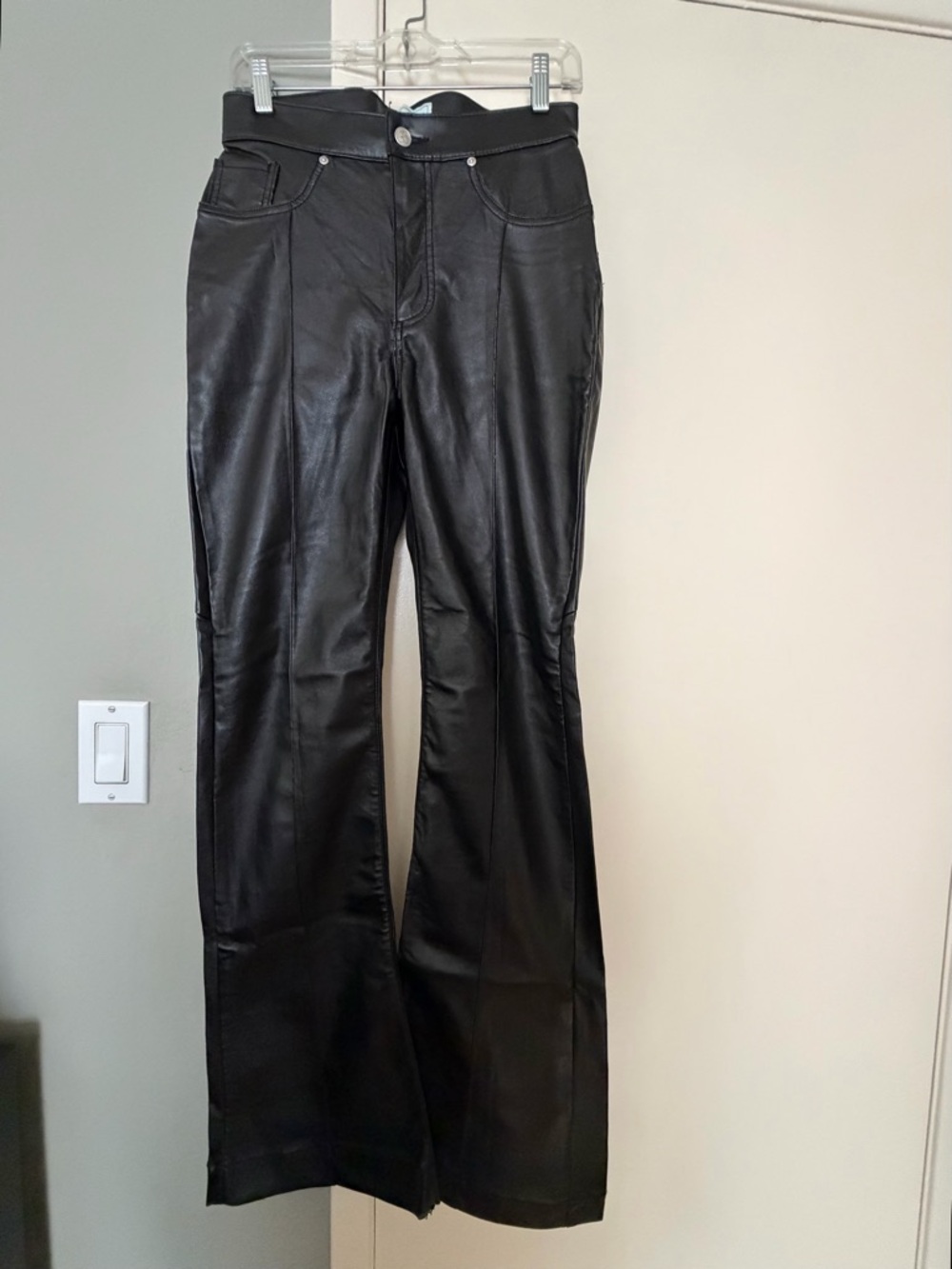 REVICE Black Faux Leather Pants with Branded Button